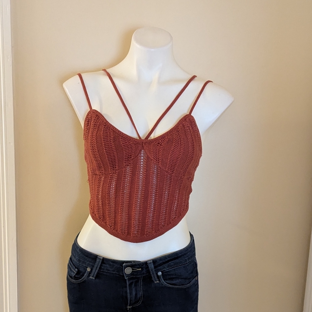 Lulu's burnt orange knit cropped lace back strappy top size